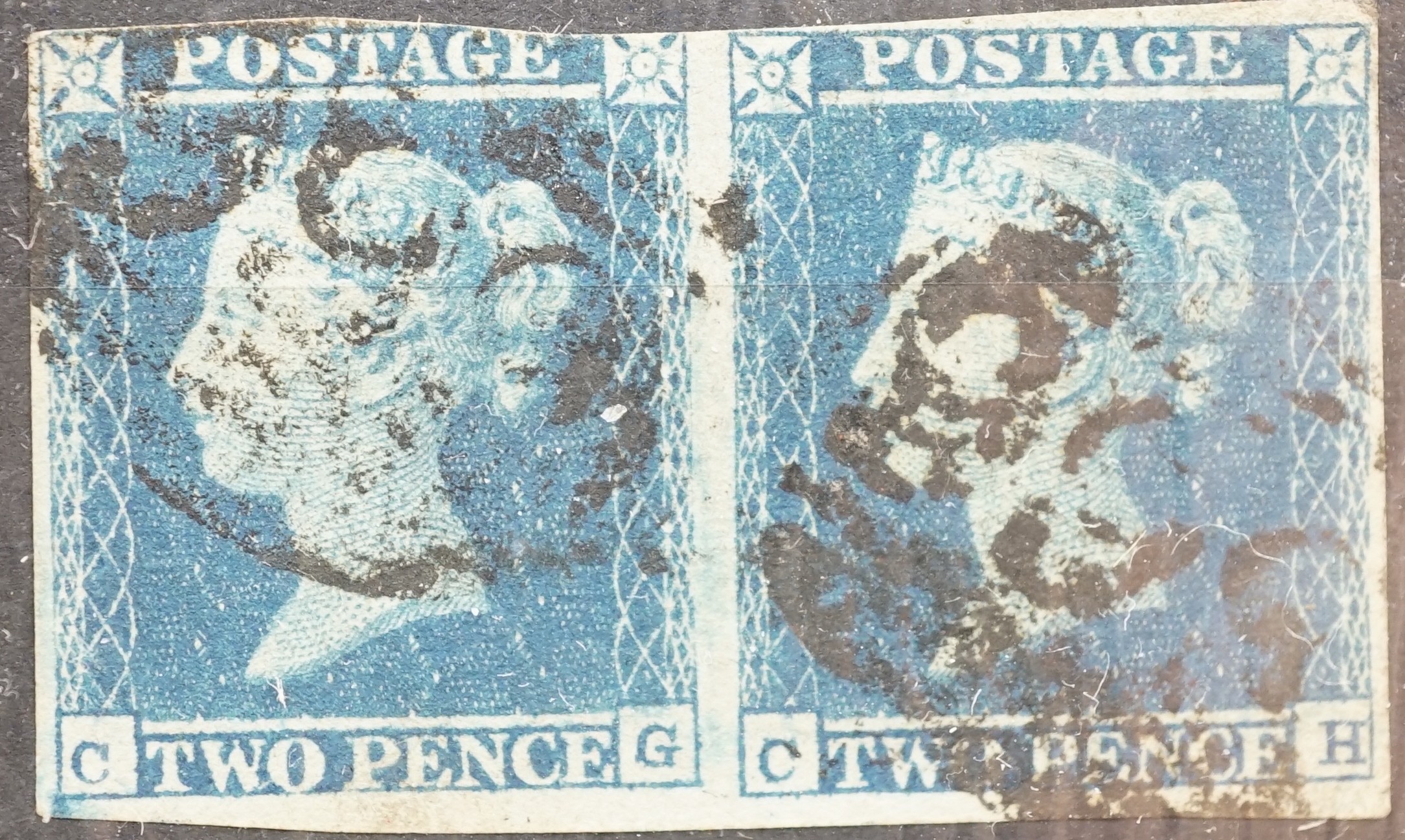 Great Britain Queen Victoria stamps with 1840 1d black (x2 cut into),1841 2d blue pair on cover,1877 £1 telegraph used, 1870 1/2d used and mint, 1882. 2 shilling, 6d, mint